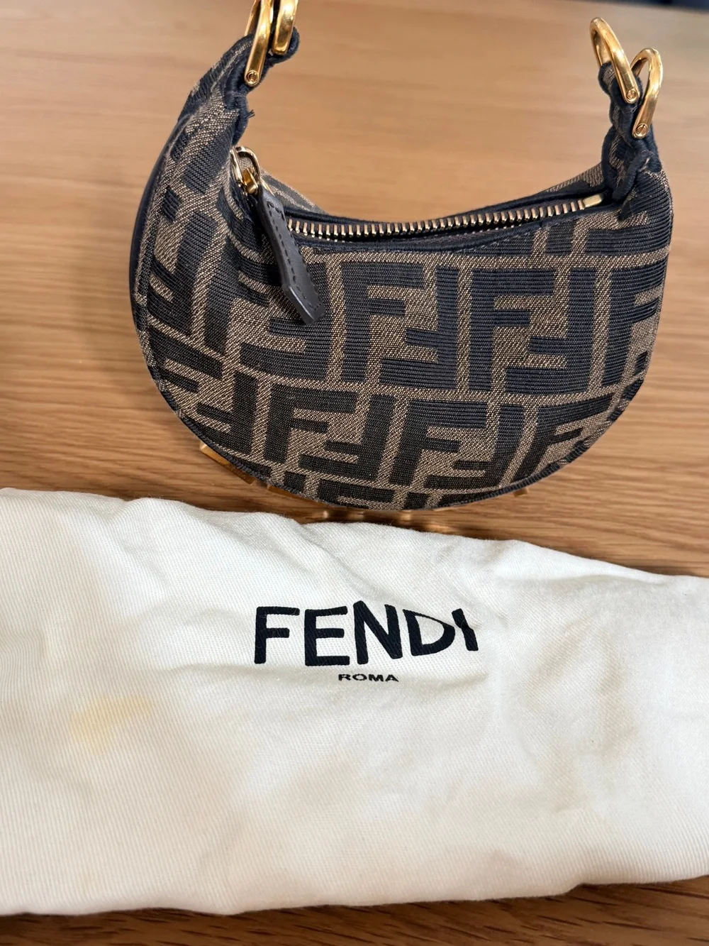 Fendi Black and Brown Monogram Zip Pouch with Gold Hardware
